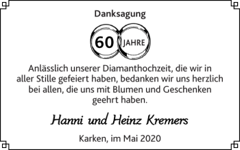 Glückwunschanzeige von Hanni und Heinz Kremers von Super Sonntag / Super Mittwoch