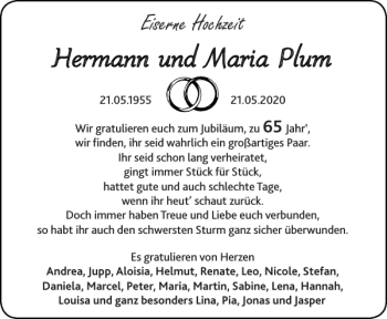 Glückwunschanzeige von Hermann und Maria Plum von Aachener Zeitung / Aachener Nachrichten
