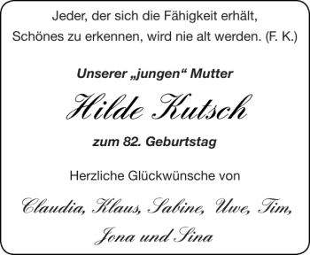 Glückwunschanzeige von Hilde Kutsch von Aachener Zeitung / Aachener Nachrichten