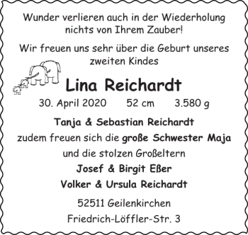 Glückwunschanzeige von Lina Reichardt von Super Sonntag / Super Mittwoch