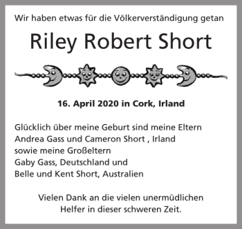 Glückwunschanzeige von Riley Robert Short von Super Sonntag / Super Mittwoch
