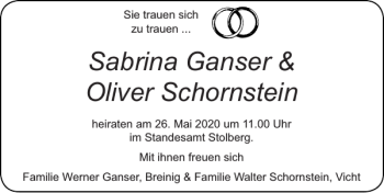 Glückwunschanzeige von Sabrina Ganser Oliver Schornstein von Super Sonntag / Super Mittwoch
