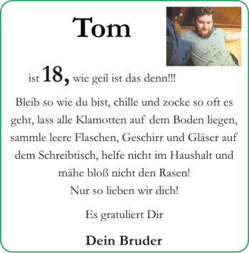 Glückwunschanzeige von Tom  von Super Sonntag / Super Mittwoch