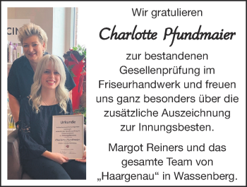 Glückwunschanzeige von Charlotte Pfundmaier von Zeitung am Sonntag