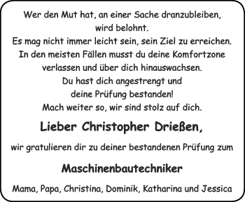 Glückwunschanzeige von Christopher Drießen von Zeitung am Sonntag