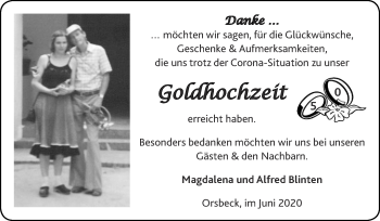 Glückwunschanzeige von Magdalena und Alfred Blinten von Zeitung am Sonntag