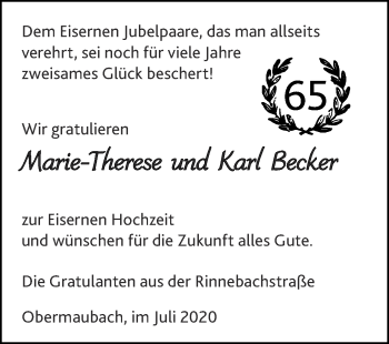 Glückwunschanzeige von Marie-Therese und Karl Becker von Zeitung am Sonntag