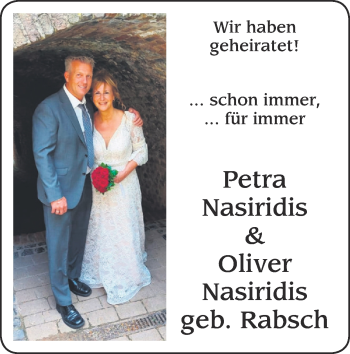 Glückwunschanzeige von Petra und Oliver Nasiridis von Zeitung am Sonntag