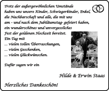 Glückwunschanzeige von Hilde und Erwin Staas von Zeitung am Sonntag