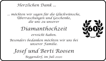 Glückwunschanzeige von Josef und Berti Roosen von Zeitung am Sonntag
