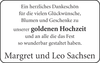 Glückwunschanzeige von Margret und Leo Sachsen von Zeitung am Sonntag