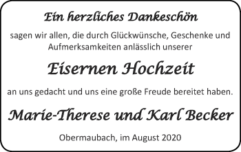 Glückwunschanzeige von Marie-Therese und Karl Becker von Zeitung am Sonntag