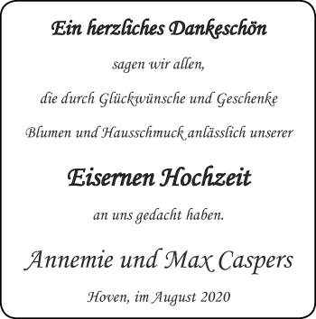 Glückwunschanzeige von Annemie und Max Caspers von Zeitung am Sonntag