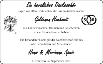 Glückwunschanzeige von Hans und Marianne Speis von Zeitung am Sonntag