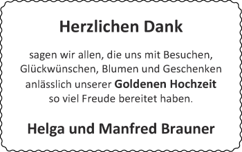 Glückwunschanzeige von Helga und Manfred Brauner von Zeitung am Sonntag