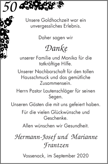 Glückwunschanzeige von Hermann-Josef und Marianne Frantzen von Zeitung am Sonntag