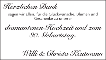 Glückwunschanzeige von Willi und Christa Keutmann von Zeitung am Sonntag