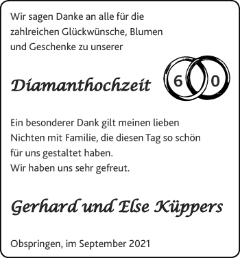 Glückwunschanzeige von Gerhard und Else Küppers von Zeitung am Sonntag