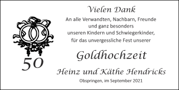 Glückwunschanzeige von Heinz und Käthe Hendricks von Zeitung am Sonntag