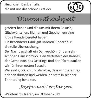 Glückwunschanzeige von Josefa und Leo Jansen von Zeitung am Sonntag