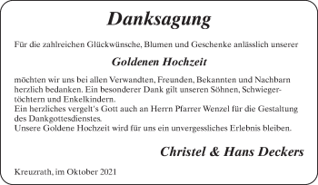Glückwunschanzeige von Christel und Hans Deckers von Zeitung am Sonntag