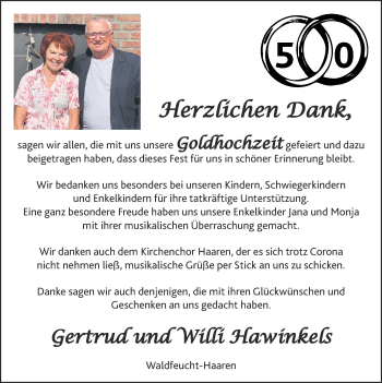 Glückwunschanzeige von Gertrud und Willi Hawinkels von Zeitung am Sonntag