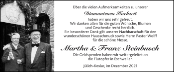 Glückwunschanzeige von Martha und Franz Steinbusch von Zeitung am Sonntag