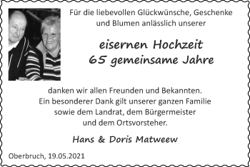 Glückwunschanzeige von Hans und Doris Matweew von Zeitung am Sonntag