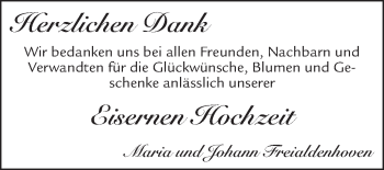 Glückwunschanzeige von Maria und Johann Freialdenhoven von Zeitung am Sonntag