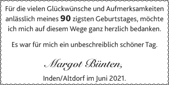 Glückwunschanzeige von Margot Bünten von Zeitung am Sonntag
