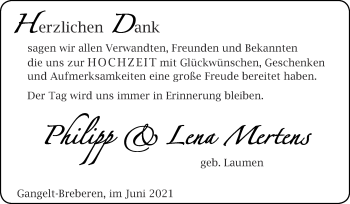 Glückwunschanzeige von Philipp und Lena Mertens von Zeitung am Sonntag