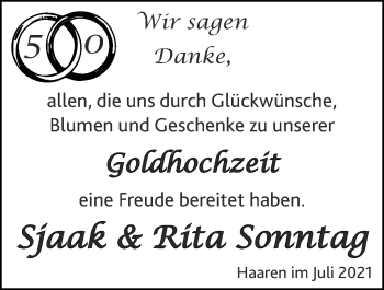 Glückwunschanzeige von Sjaak und Rita Sonntag von Zeitung am Sonntag