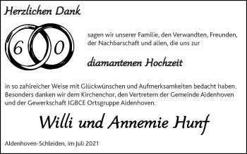 Glückwunschanzeige von Willi und Annemie Hunf von Zeitung am Sonntag