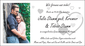 Glückwunschanzeige von Julia (geb. Kremer) und Tobias Stumm von Aachener Zeitung / Aachener Nachrichten