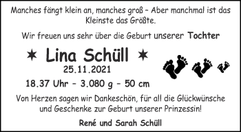Glückwunschanzeige von Lina Schüll von Aachener Zeitung / Aachener Nachrichten