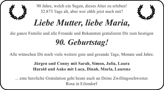Glückwunschanzeige von 90.Geburtstag  von Aachener Zeitung / Aachener Nachrichten