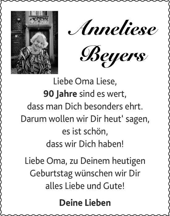 Glückwunschanzeige von Anneliese Beyers von Zeitung am Sonntag