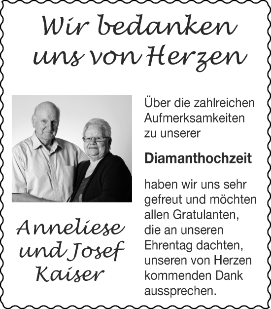 Glückwunschanzeige von Anneliese und Josef Kaiser von Zeitung am Sonntag