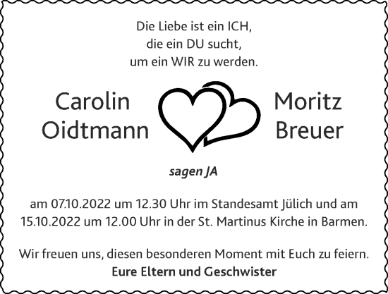 Glückwunschanzeige von Carolin und Moritz  von Zeitung am Sonntag