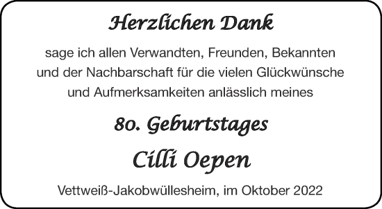 Glückwunschanzeige von Cilli Oepen von Aachener Zeitung / Aachener Nachrichten