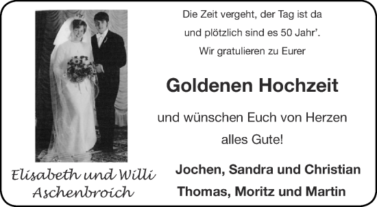 Glückwunschanzeige von Elisabeth und Willi Aschenbroich von Aachener Zeitung / Aachener Nachrichten
