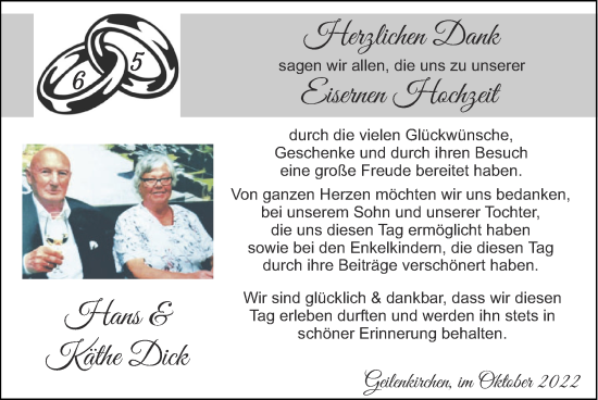 Glückwunschanzeige von Hans und Käthe Dick von Zeitung am Sonntag