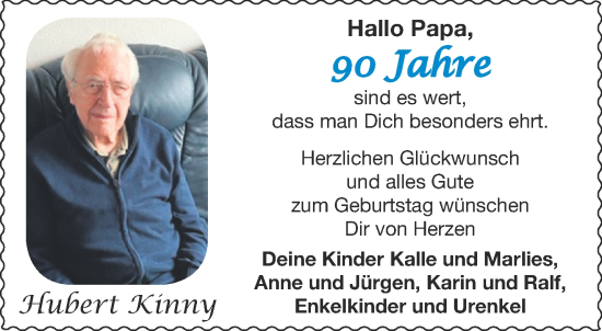 Glückwunschanzeige von Hubert Kinny von Aachener Zeitung / Aachener Nachrichten