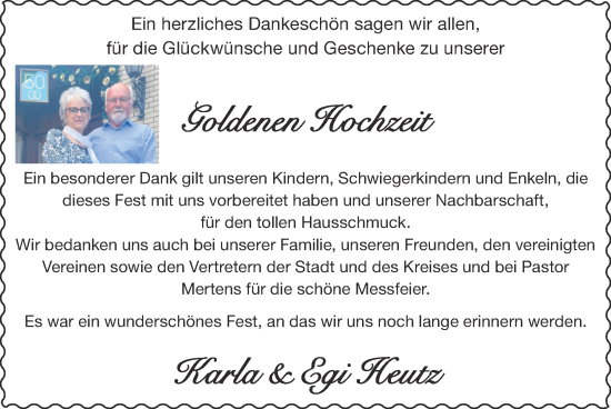 Glückwunschanzeige von Karla und Egi  Heutz von Zeitung am Sonntag