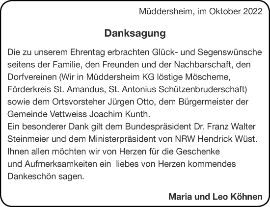 Glückwunschanzeige von Maria und Leo  Köhnen von Aachener Zeitung / Aachener Nachrichten