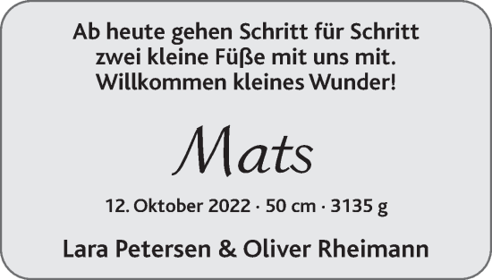 Glückwunschanzeige von Mats  von Zeitung am Sonntag