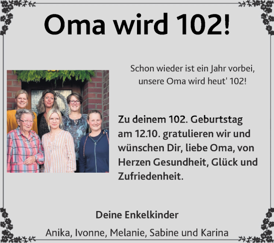 Glückwunschanzeige von Oma  von Zeitung am Sonntag