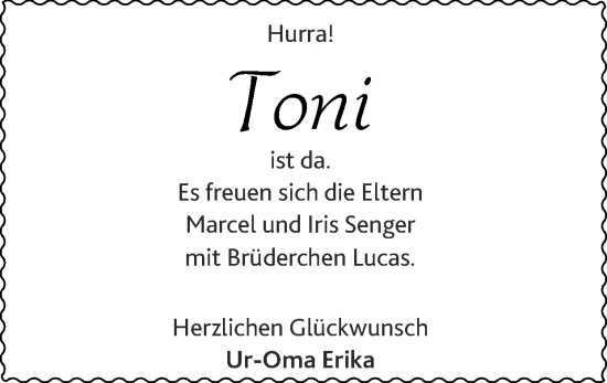 Glückwunschanzeige von Toni  von Zeitung am Sonntag