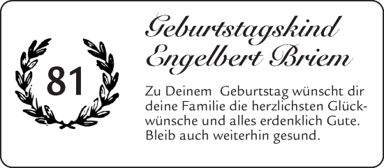 Glückwunschanzeige von Engelbert Briem von Aachener Zeitung / Aachener Nachrichten