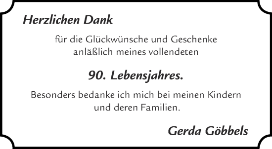 Glückwunschanzeige von Gerda Göbbels von Aachener Zeitung / Aachener Nachrichten